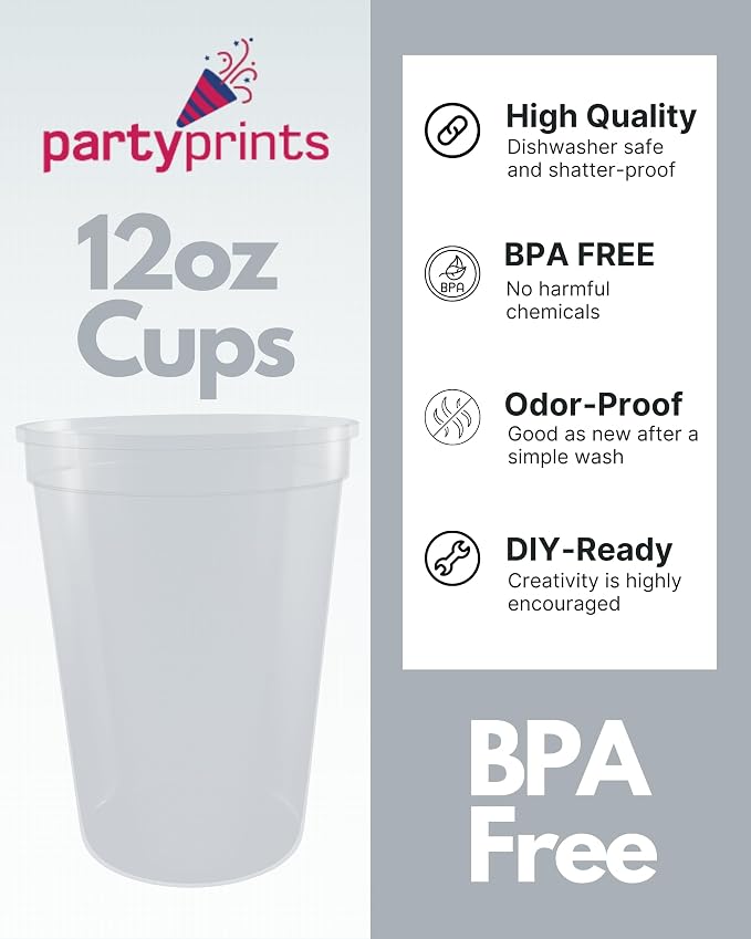 PartyPrints 10 Pack Small 10 to 12 oz Clear Reusable Blank Plastic Cups - Image 3
