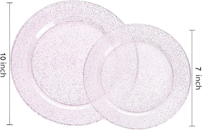 WDF 200PCS Pink Plastic Plates - Rose Gold Glitter Plastic Plates - Heavy Duty Pink Glitter Disposable Plates for Parties/Wedding/Valentine's Day