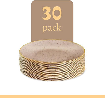 PLASTICPRO 30 Pack Disposable Plastic Plates Heavyweight Granite Look Elegant 7 inch Dinner Plates Pink with Gold Rim