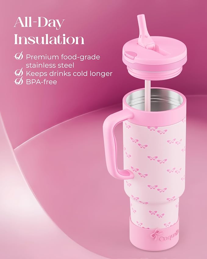 40 oz Insulated Tumbler with Handle and Push-Button Straw Lid, Stainless Steel - Image 4
