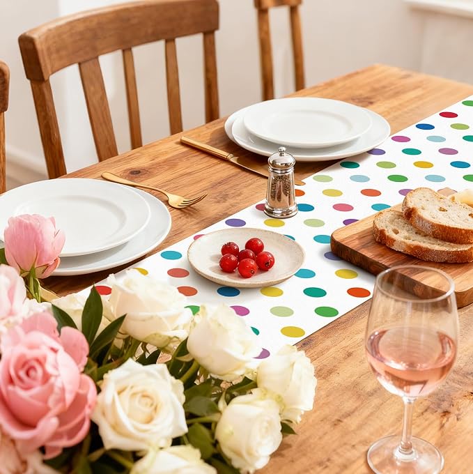 Colorful Polka Dot Table Runner, 13x48 Inch Rainbow Dot Dining Table Decor | - Image 5
