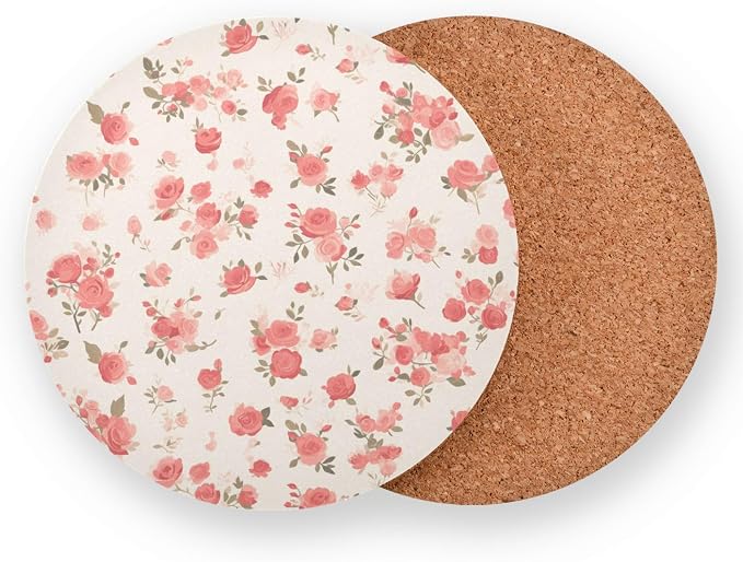 Seamless Pattern Red Roses Aesthetic Round Coaster Set of 4 Cork Tripod - Image 2