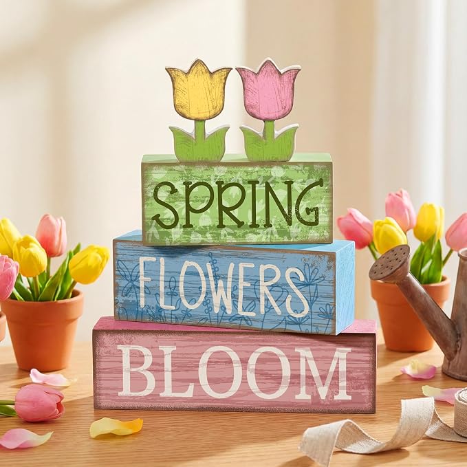 Moucuny 4 Pcs Spring Table Decor Wooden Tulip Spring Tiered Tray Decor Flowers - Image 6