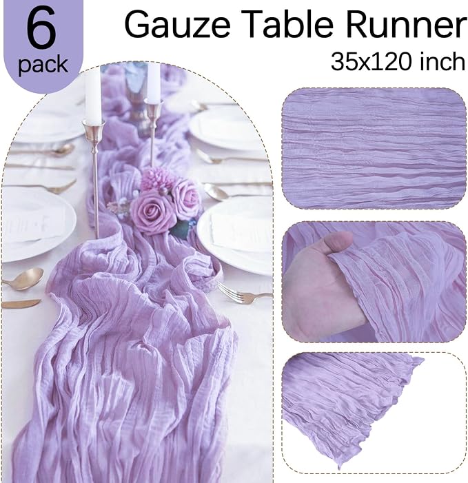 6 Pack Lavender Purple Cheesecloth Table Runner 35 x 120 Inch | Boho Gauze - Image 3