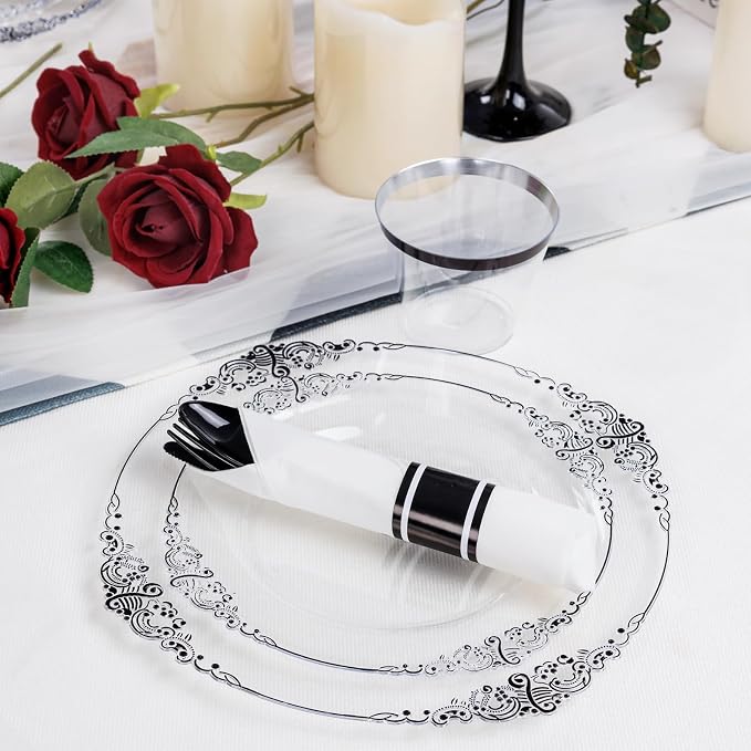175 Pcs Clear Black Plates for Party | Black Party Plates Set for 25 Guests - Image 8