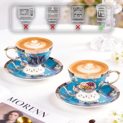 KAMMAK Tea Cups and Saucers Set of 2, Fine Bone China Coffee Cups, GHO03 | - Image 6