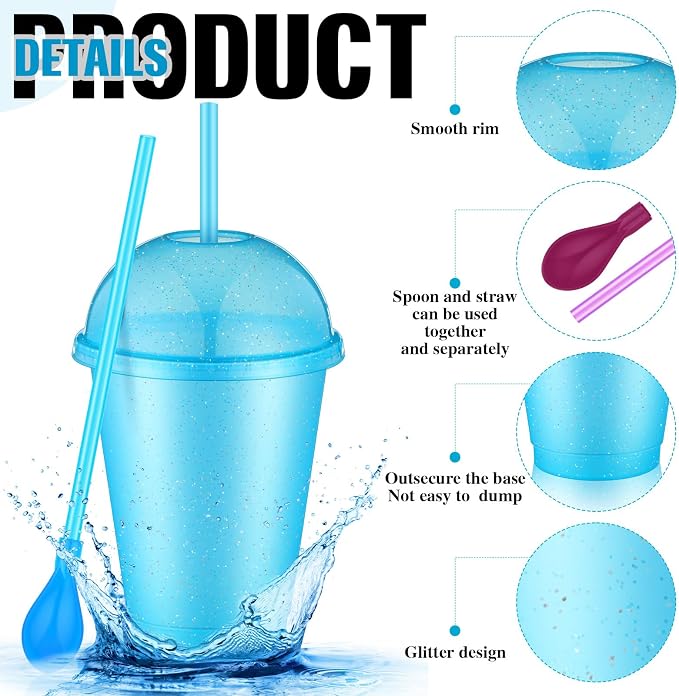 6 Set Slushie Cups with Dome Lids and Straws Detachable Spoon Straws Reusable - Image 3