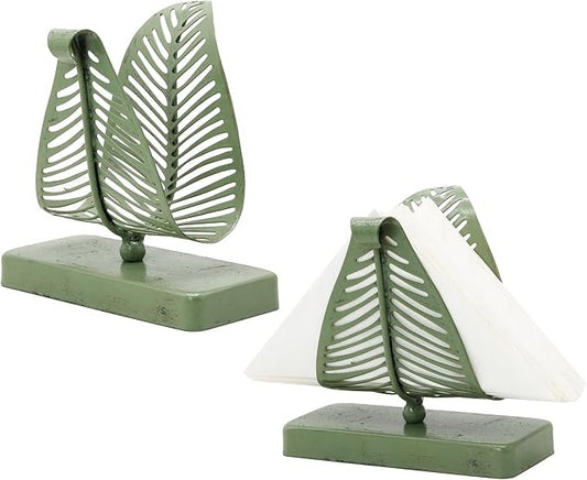 Owlgift Rustic Green Leaf Napkin Holder Set of 2 – Decorative Iron Tissue Organizer for Kitchen, Dining Table, or Entryway – Vintage Country Style Metal Letter Holder Rack