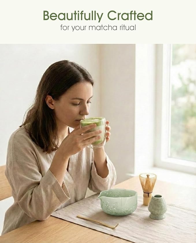 4-Piece Matcha Set, Crystal Glazed Bowl and Bamboo Whisk | Handcrafted Petal - Image 8