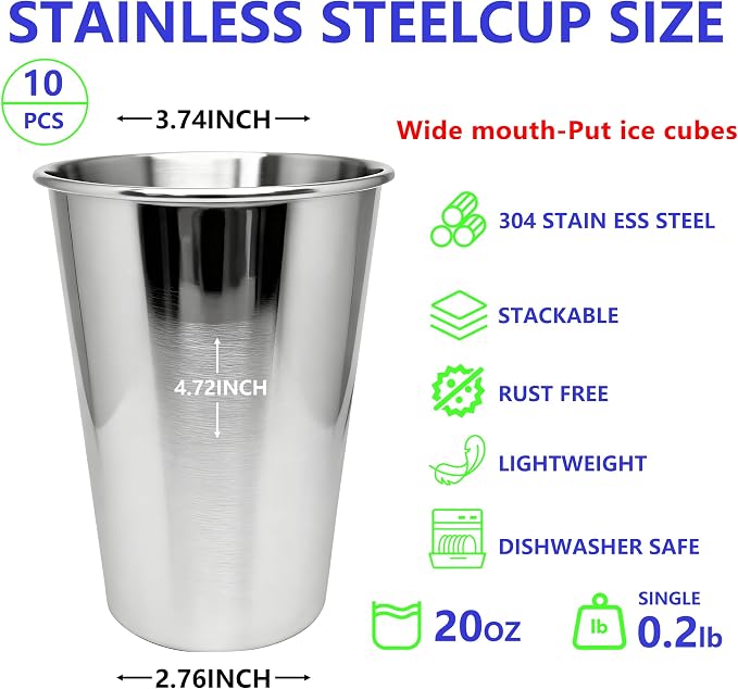 20oz 10PCS Stainless Steel Pint Cups, Reusable metal Cups, Drinking | Pint - Image 3