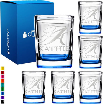 Personalized Shot Glasses Set of 6 Initial and Name 2oz Blue Bottom Etched Square Shot Glass Engraved with Custom Text Birthday Gift for Men and Women