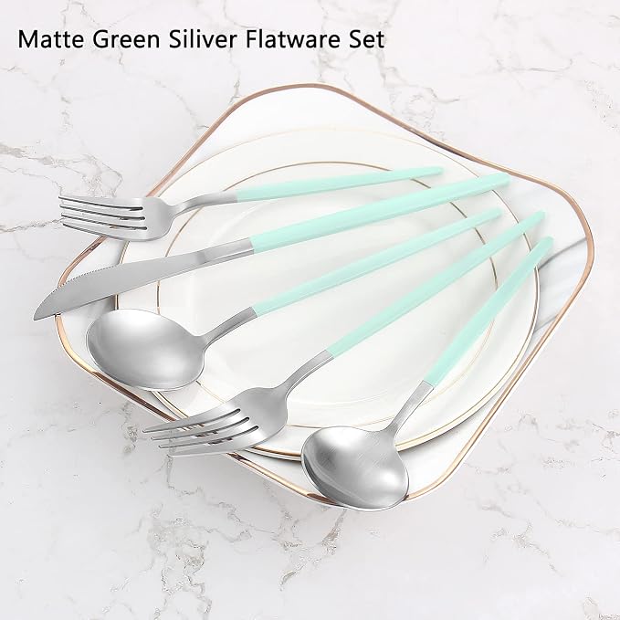 VANVRO Matte Green Silver Silverware Set, 20-Piece Stainless Steel Flatware Set - Image 3