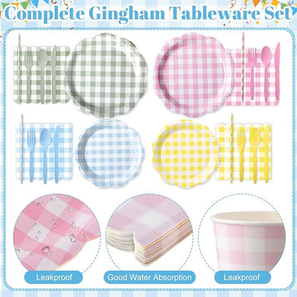 450 Pcs Gingham Tableware Set Decorations, Serves 50 | Pastel Plaid Paper - Image 3