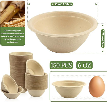 LeonBach 150 Pack 6oz Natural Bagasse Fiber Bowls, Small Disposable Paper Bowls Microwavable Safe Sample Snack Cups Charcuterie Serving Cups for Sauce Portion Condiment Ice Cream Desserts