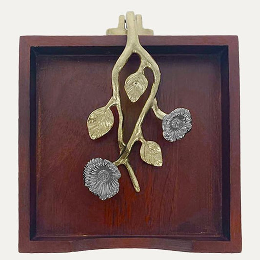 Napkin Holder - Solid Wood Brown Finish Home Decor & Kitchen Decor Table Countertop Serviette & Tissue Holder with Metal Ornament Arm in Silver Gold Finish - Indoor and Outdoor Use - Floral Design