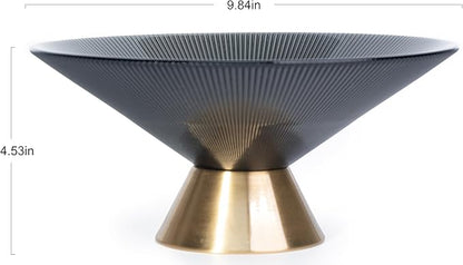 Tapered Glass Decorative Bowl (Gray), 9.8 Inches Handblown Striped Design Fruit Bowl with Rust-Resistant Metal Base for Home Decor, Table Centerpiece, Kitchen Island and Dining Decor