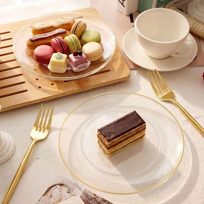 Rubtlamp 200Pcs Clear Gold Dessert Plates With Plastic Gold Forks, 100pcs 7.5inch Plates For Appetizers,100pcs 7.8inch Premium Forks Disposable, Cake Platos Disposable for Wedding