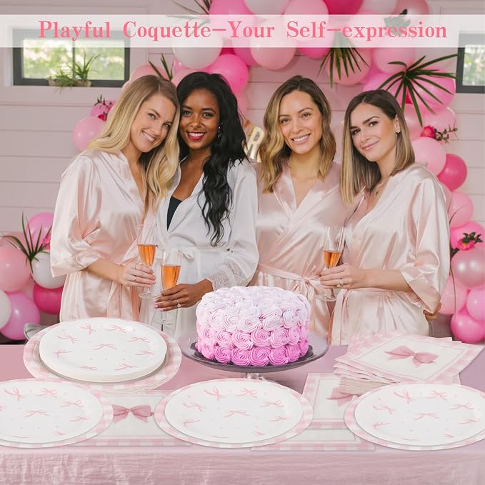 60PCS Pink Bow Paper Plates and Napkins Party Supplies Serve 20 | Disposable - Image 7