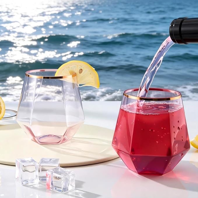 Goodluck 40PCS 12oz Diamond Plastic Pink Wine Whiskey Glasses Rose Gold Rim | - Image 5