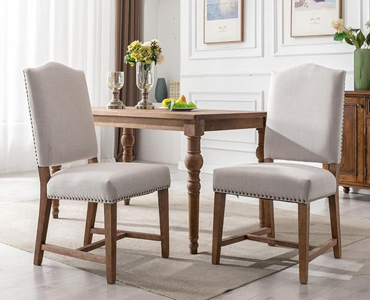 CIMOTA Mid Century Modern Dining Chairs Set of 2, Farmhouse Upholstered Dining Room Chairs Comfortable Kitchen Side Chairs with High Back/Natural Solid Wood Frame, Linen Beige