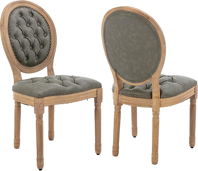 Vintage French Dining Chairs Set of 2, Round Back PU Leather Upholstered Side Chairs with Nailhead Trim and Solid Wood Frame, Sillas de Comedor for Dining Room & Kitchen, Olive Green