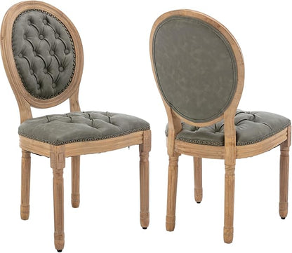Vintage French Dining Chairs Set of 2, Round Back PU Leather Upholstered Side Chairs with Nailhead Trim and Solid Wood Frame, Sillas de Comedor for Dining Room & Kitchen, Olive Green