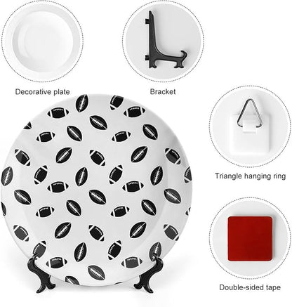 Ceramic Plates, American Football Decorative Ceramic Plates, Monochrome Pattern Black Rugby Balls Sports, 10 Inch, Household Plates Decorative, Black White