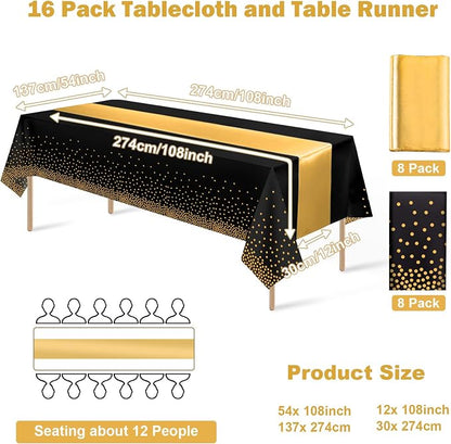16Pack Disposable Plastic Tablecloths and Satin Table Runner Set Black Gold Dot - Image 2