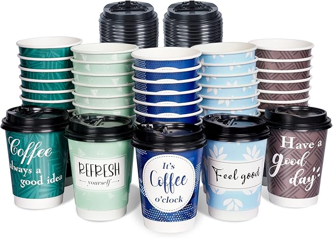 Disposable Coffee Cups with Lids 12 oz, 50 Pack Double-Walled Paper Coffee Cups by Bapmnicc