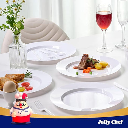 JOLLY CHEF 100 Pieces White Plastic Plates-10 Inch Elegant Disposable Plastic Plate, Disposable White for Weddings,Parties,Christmas,Birthdays and Events