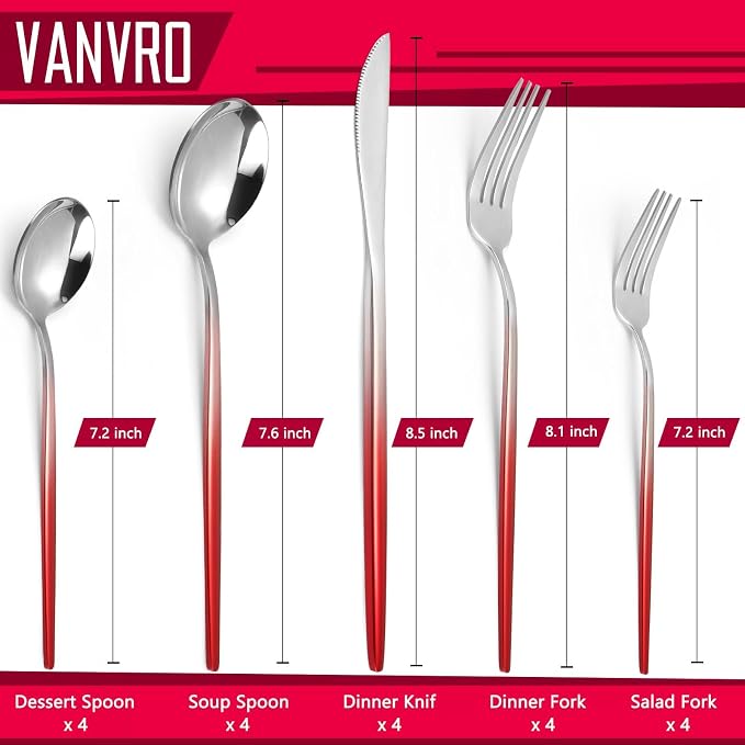 VANVRO Gradient Red Silverware Set, 20-Piece Stainless Steel Flatware Set - Image 2