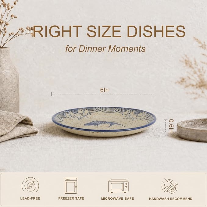 6 Inch Japanese Retro Dinner Plates Set of 6 | Ceramic Hand-painted Serving - Image 2