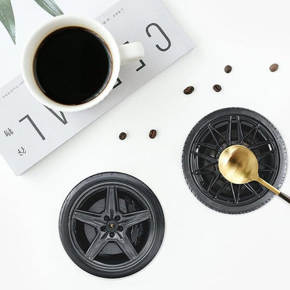 Tire Pattern Coasters for Drinks with Holder Round Leather Coasters Set of 6 Cups Mugs Mat Pad for Home Kitchen Bar