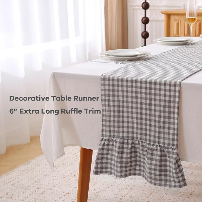 Grey White Plaid Gingham Ruffle Table Runner 90 inches Long 100% Washed Cotton - Image 3