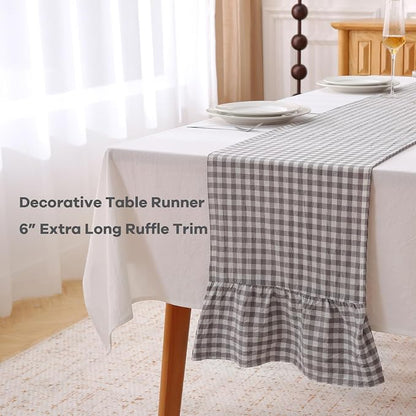 Grey White Plaid Gingham Ruffle Table Runner 90 inches Long 100% Washed Cotton - Image 3