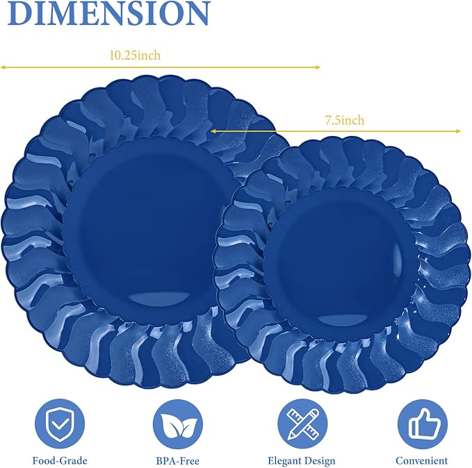 Lullaby 60PCS Navy Blue Scalloped Plastic Plate, Disposable Plate - Image 2