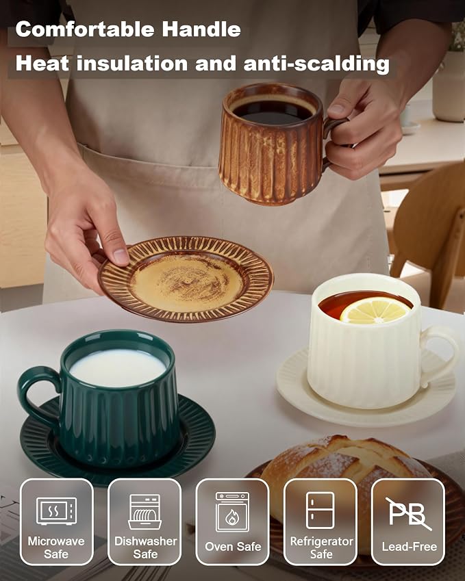 Ceramic Cup and Saucer Set, 11.5 oz Coffee Cups - Image 3