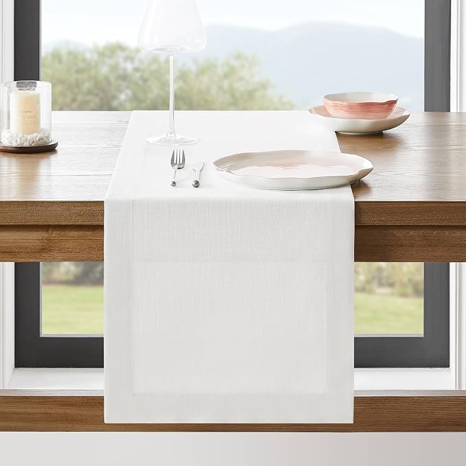 Linen Textured Border Table Runner, 14 x 36 Inch White | Mitered Corner Design by ZEEMARTONLINE