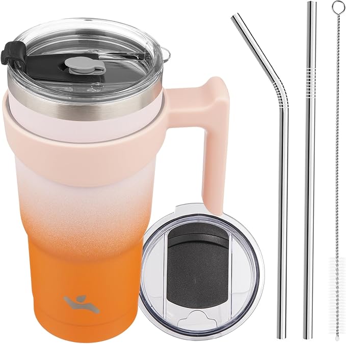 Konokyo 20 oz Tumbler with Handle and Straw, Insulated Travel Mug | Coral; by Konokyo