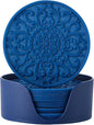 Colinda Silicone Coasters - Set of 6 with Holder, Non-Slip Cup Mats for Hot and Cold Drinks, Decorative Designs, Gift Ready Packaging, Navy Blue