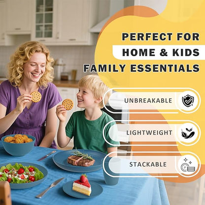 Wheat Straw Dinnerware Sets, 32 PCS Dishes Set for 8, Unbreakable Lightweight Reusable Plates and Bowls Sets for Kitchen Outdoors RV Camping Patio, Dishwasher & Microwave Safe - Blue
