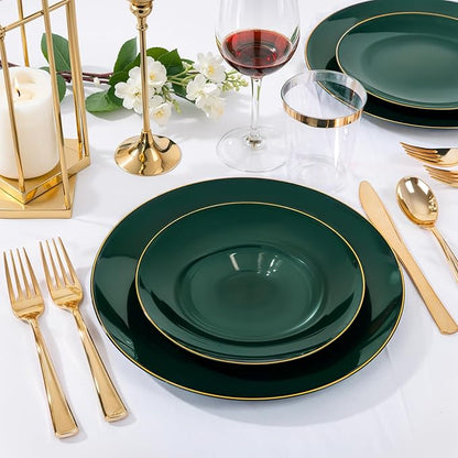 Nervure 100Pcs Green and Gold Plastic Plates - 10.25inch Disposable Green Dinner Plates - Heavy Duty Plastic Plate Ideal for Wedding & Party