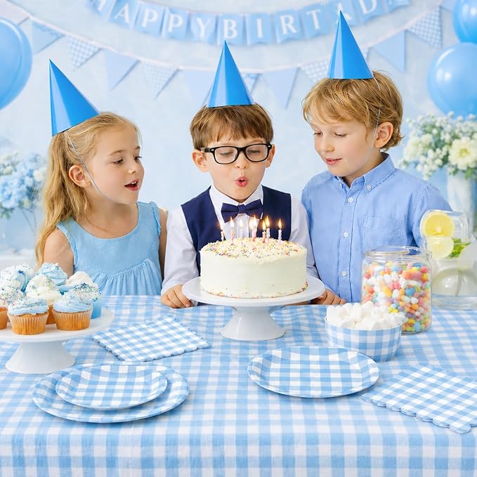 150PCS Blue Gingham Paper Plates & Napkins -Checkered Birthday Party Decor | - Image 6