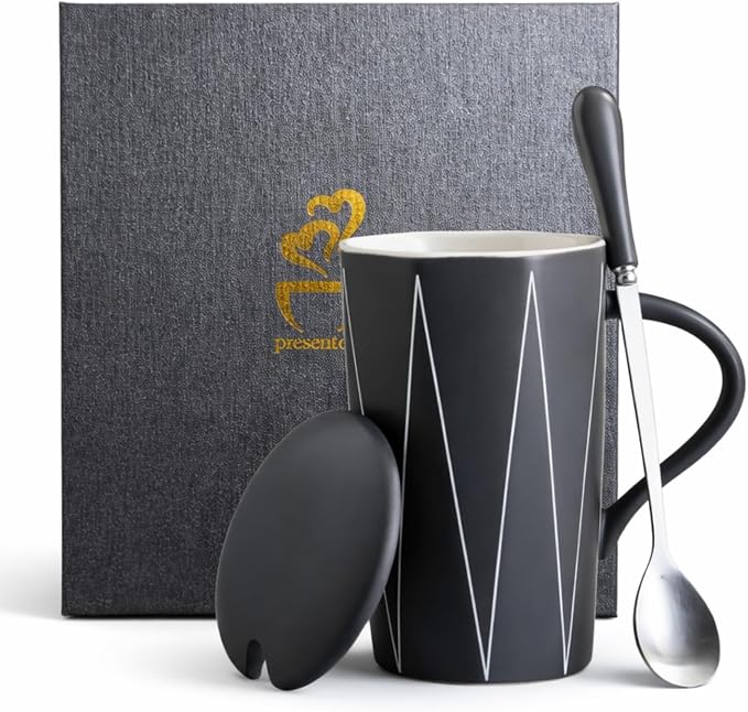 Ceramic Coffee Mug with Lid and Spoon, 13 oz Heavy Office Desk Mug, Minimalist by Unknown