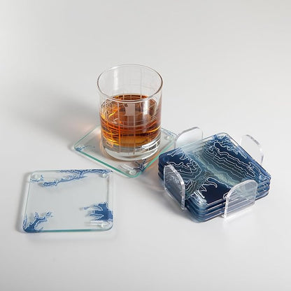 Innsbruck, Austria 3D Contour Map Glass Drink Coasters of Mountains, Ski Resort, Set of 6 with Holder, Housewarming Birthday Gifts, Home Decor