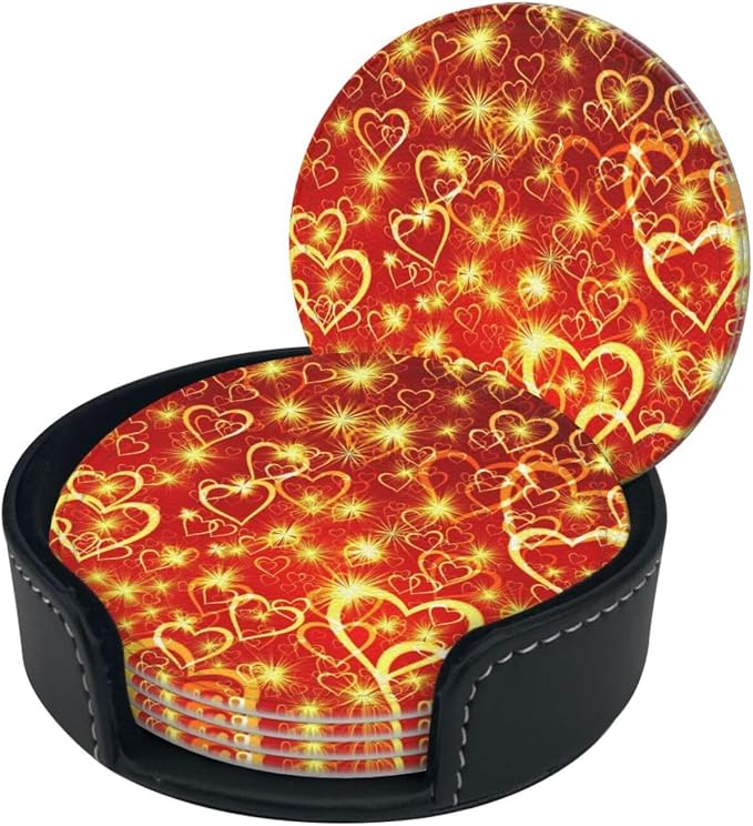 Drink Coasters with Holder Stand Set of 6, Love Heart Yellow Red Pu Leather - Image 8