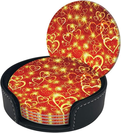 Drink Coasters with Holder Stand Set of 6, Love Heart Yellow Red Pu Leather - Image 8