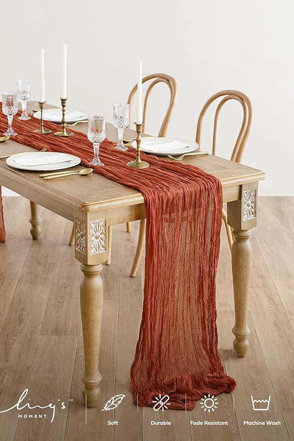 Ling's Moment Terracotta Cheesecloth Table Runner, 120 Inch, Burnt Orange | 10FT - Image 2