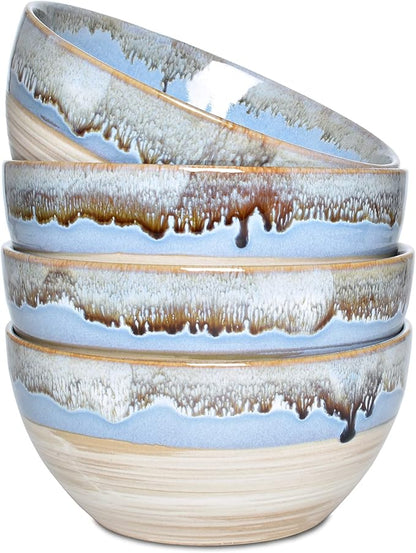 Bosmarlin Stoneware Soup Bowl Set of 4, 26 Oz, Cereal Bowl for Oatmeal, Dishwasher and Microwave Safe, Reactive Glaze (Blue, 6 in)