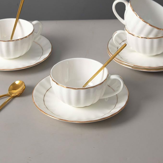 Bone China Tea Cups and Saucers Set – White Luxury Fine Porcelain Mugs - Image 4